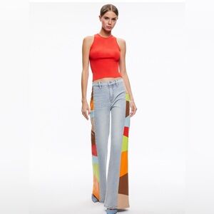 ALICE + OLIVIA VEGAN LEATHER PATCHWORK FLARE JEAN Sz 28. NWT. RETAIL 495